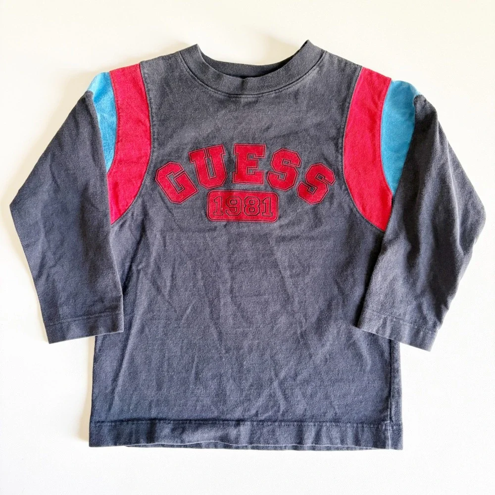 Guess Kids Vintage 90s Colorblock Embroidered Logo Long Sleeve T-Shirt Size 4T